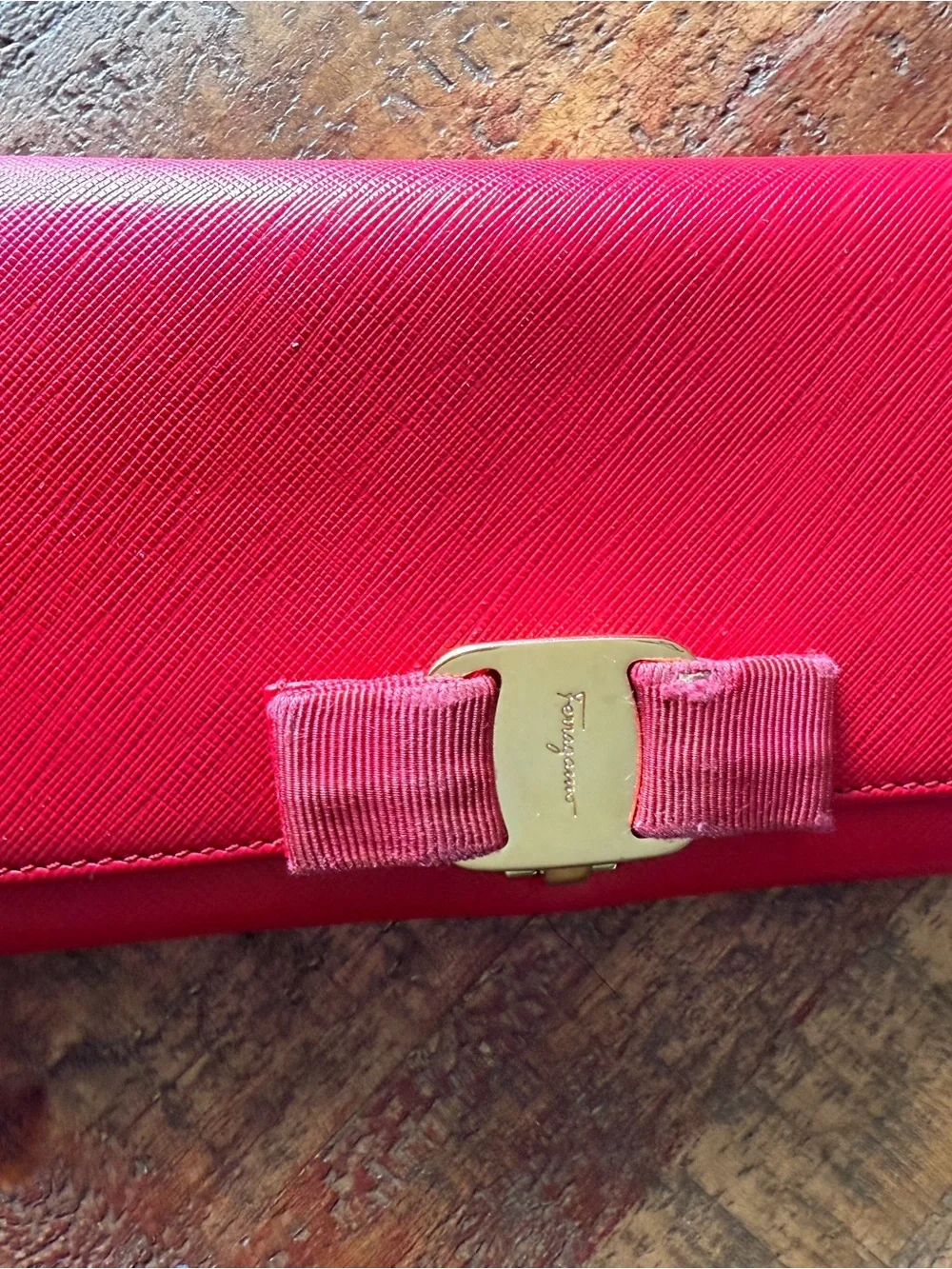 Salvatore Ferragamo Bright Red Vara Bow Leather Wallet with Gold Hardware